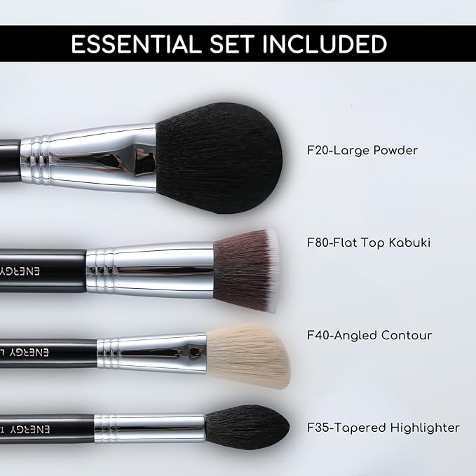 ENERGY Makeup Brush Set 4PCS Premium Synthetic Powder Foundation Blush Contour Bronzer Highlighter Makeup Brushes with Black PU Bag Professional Vegan Face Brushes