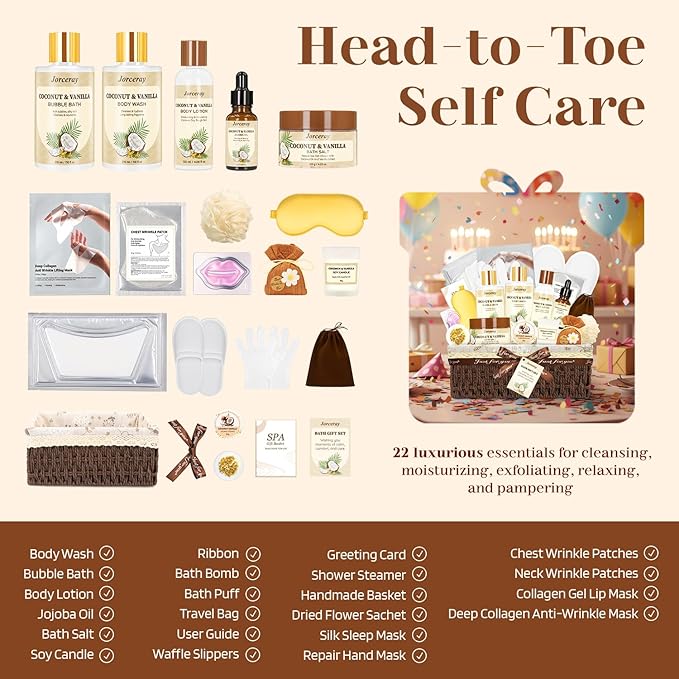 22PCS Spa Gift Baskets for Women, Luxury Bath and Body Gift Basket Set for Women Coconut Vanilla Spa Kit Relaxing Spa Self Care Gift for Her Wife Lover Mom Sister Friend