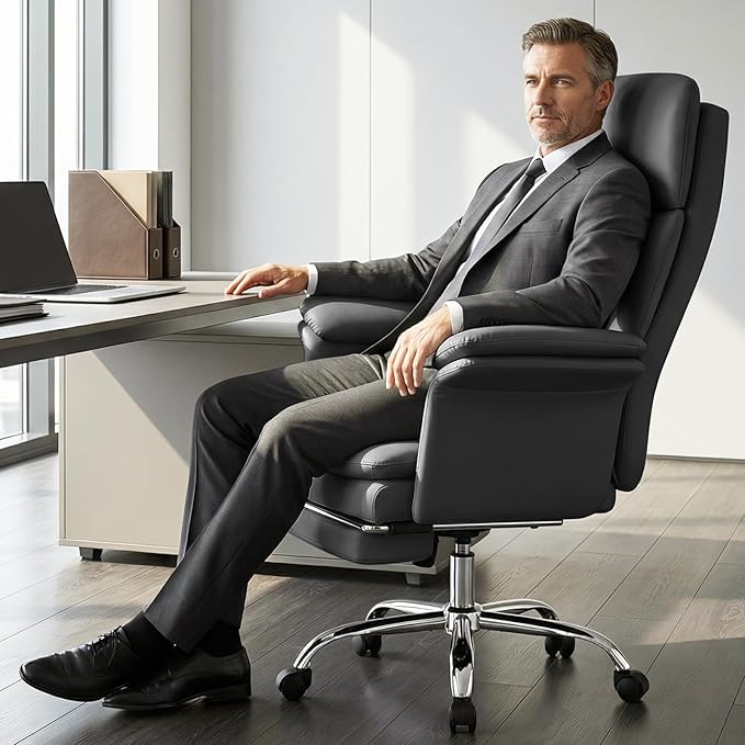 Leather Home Office Chair with Footrest 400lbs, High Back Rolling Desk Chair with Lumbar Support Soft Armrests, Excutive Office Chairs with Wheels Height Adjustable Rocking Swivel Functions,Black