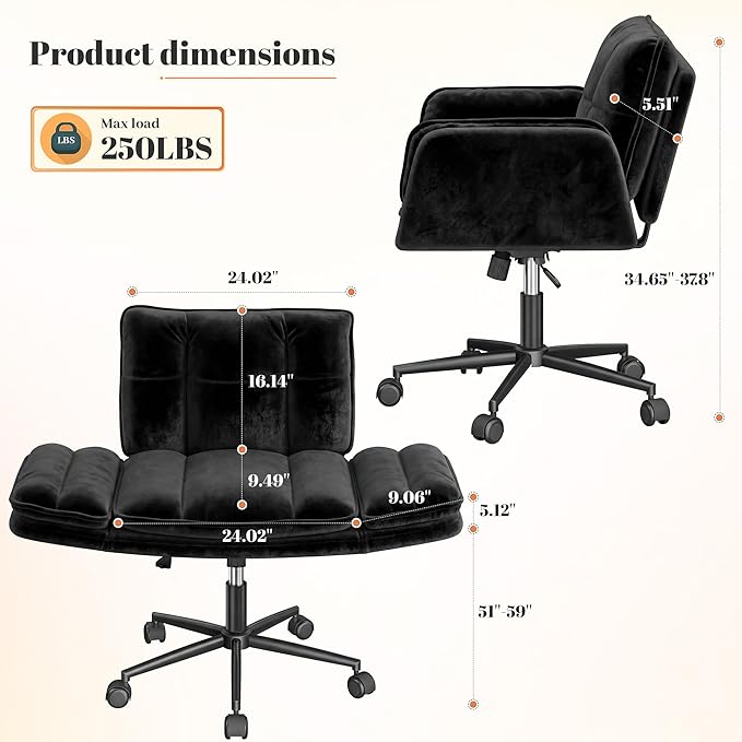 Criss Cross Chair with Wheels, Ergonomic Office Chair with Flip Armrests for Pets, Vanity Chair for Bedroom, Makeup Room and Office Room, Black