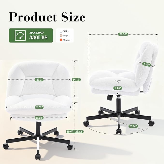 Cross Legged Office Chair, Thick Cushioned Criss Cross Chair with Wheels, Wide Seat Armless Office Chair, Height Adjustable Swivel Vanity Chair for Home and Office, White