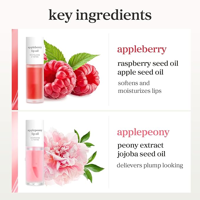 NOONI Korean Lip Oil Set - Appleberry & Applepeony - Long-Lasting, Moisturizing, Revitalizing - Waterproof, No Peel Off, Stocking Stuffers (2EA, 0.12 fl oz)