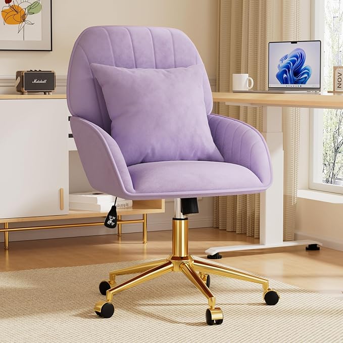 Home Office Desk Chair Comfy with Adjustable Swivel Wheels, Modern Velvet Makeup Vanity Chair with Back & Pillow, Ergonomic Office Chair Computer Task Chair for Living Room, Bedroom, Purple