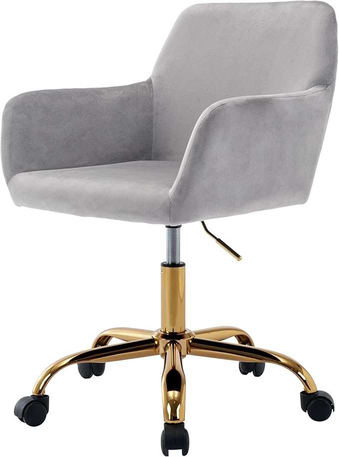 Faux Fur 360°Swivel Desk Chair, Modern Height Adjustable Home Office Armchair with Golden Base for Teens Women Girls, Upholstery Computer Chair for Home Studios, Velvet & Light Grey