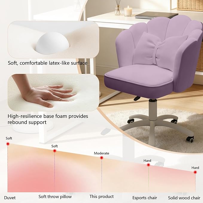 Home Office Desk Chair Swivel Rolling Vanity Chair with Silent Wheels and Comfortable Back, Adjustable Height Upholstered Computer Task Chair for Makeup, Bedroom