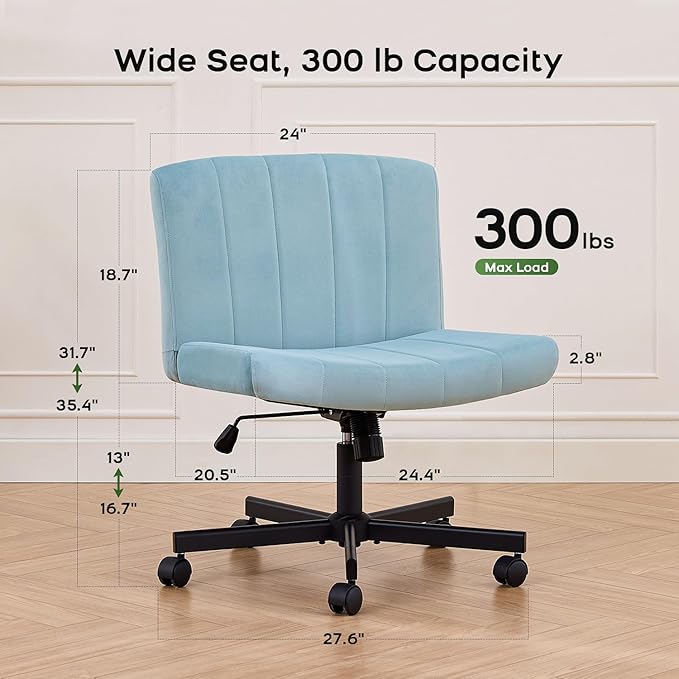 LukkDys Criss Cross Chair with Wheels, Wide Cross Legged Desk Chair, Comfy Fabric Vanity Chair for Home Office Bedroom, Adjustable Armless Swivel Task Chair with 90–115° Tilt, Pale Blue