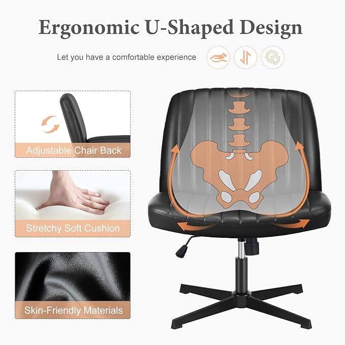 Sweetcrispy Criss Cross Chair Legged, Armless Office Wide Desk Chair No Wheels, PU Leather Swivel Vanity Height Adjustable Fabric Modern Computer Task Seating for Home - Black