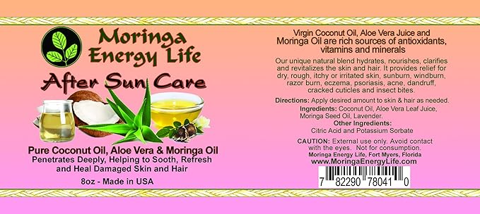 Moringa Energy Life After Sun Care Oil 8 oz, Soothes Skin from Sun Exposure with Coconut Oil, Aloe Vera Juice, Moringa Oil for Skin and Hair