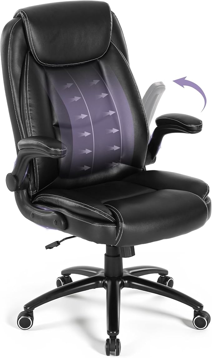 Ergonomic PU Leather Office Chair with Flip-Up Armrests & Reclining Backrest, 300lbs Thick Padded Seat Executive Desk Chair-Adjustable Height & Tilt Tension, Brown, Black