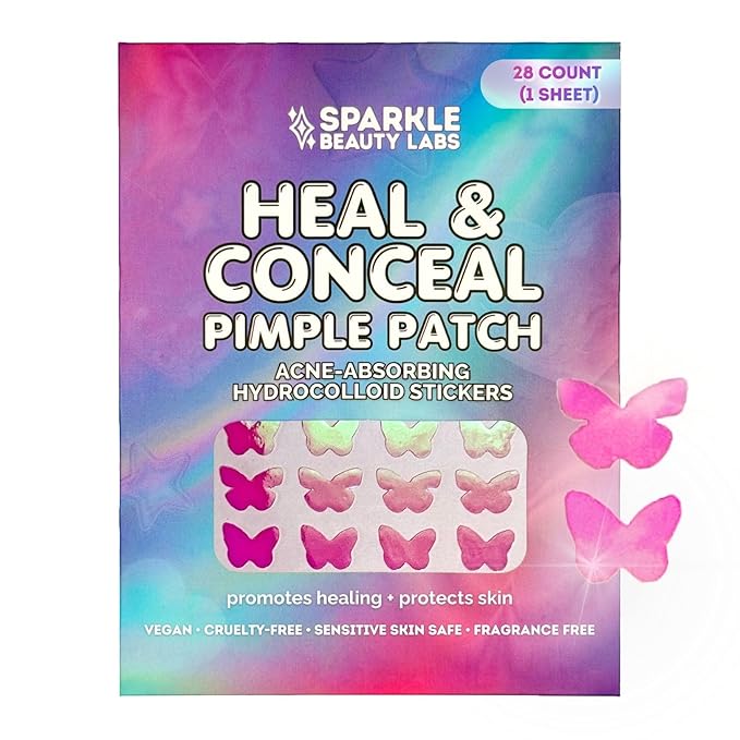 Heal & Conceal Pimple Patch, Cute Holographic Acne Patches For Face, Fun Hydrocolloid Zit Stickers For Breakouts (Holographic Pink Butteflies - 28 count /1 sheet)