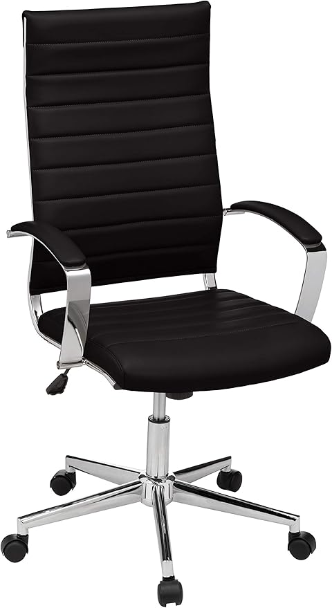 Amazon Basics High-Back Swivel Office Chair with Lumbar Support, Ergonomic Ribbed Faux Leather, Adjustable Height, 45.25" x 24.75" x 23.25", Black