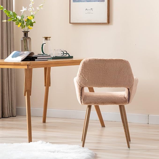 KCC Furry Desk Chair, Mid-Century Modern Accent Faux Fur Chair for Teen Girls, Comfy Armchair with Wood Look Metal Legs for Living Dining Room, Home Vanity Makeup Office Desk Chairs No Wheel, Camel