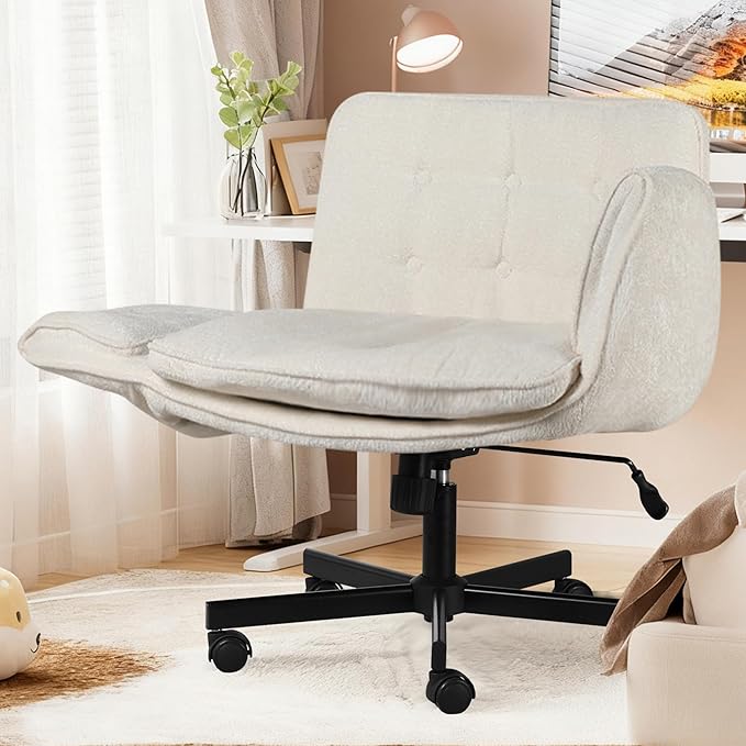 Criss Cross Chair with Wheels & Arms, Chenille Cross Legged Office Chair with 5-level Folding Armrest, Comfortable Adjustable Swivel Vanity Chair for Home, Make Up, Bed Room, Office, Accent (White)