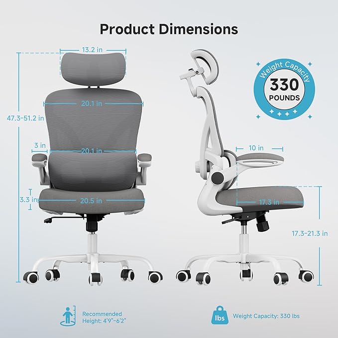 Ergonomic Office Chair, 330LBS Desk Chair with 3-Level Lumbar Support & Headrest, Breathable Mesh Backrest, Flip-Up Armrests for Home Office and Gaming, White and Gray