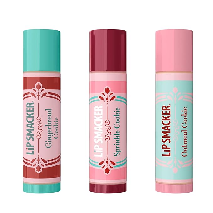 Lip Smacker Holiday Lip Balm Trio Tin – Gingerbread Cookie, Sprinkle Cookie & Oatmeal Cookie, Festive Flavored Lip Balms, Moisturizing Holiday Gift Set