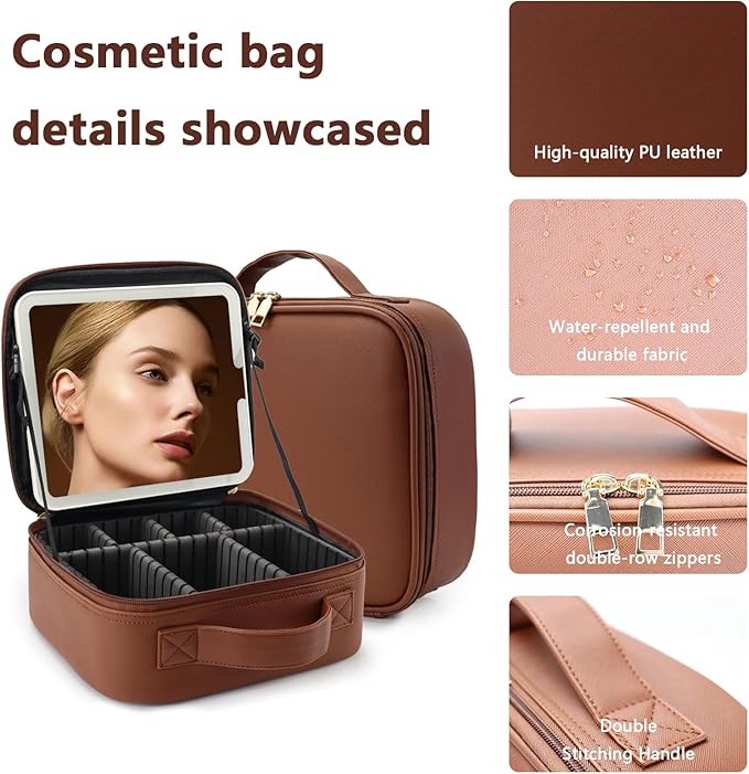 Makeup Bag with Led Mirror,Large Vanity Makeup Cases with 3 Color Setting,Portable Storage and Adjustable Dividers,for Women and Makeup Artists Cosmetic Organizer Travel Makeup Bag-Dark Brown