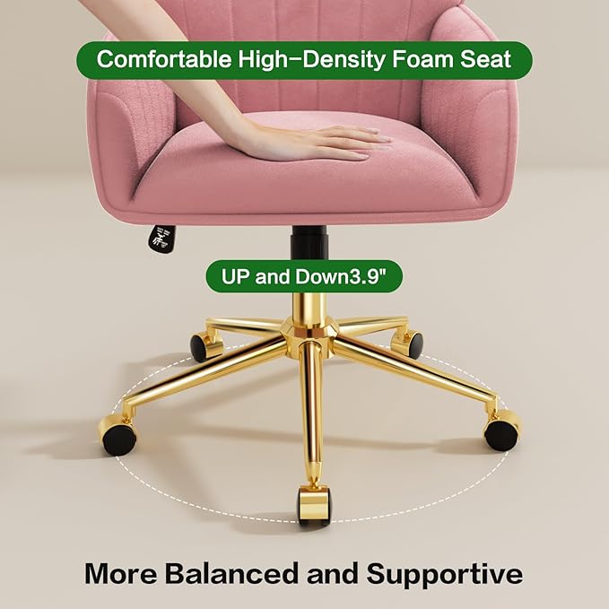 Home Office Desk Chair Comfy with Adjustable Swivel Wheels, Modern Velvet Makeup Vanity Chair with Back & Pillow, Ergonomic Office Chair Computer Task Chair for Living Room, Bedroom, Rose Pink