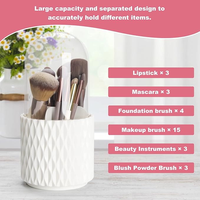 Makeup Brush Holder Organizer with Lid -360° Rotating Dustproof Make Up Brushes Container with Clear Acrylic Cover, Spinning Cosmetics Holders Storage Cup with 5 Compartment