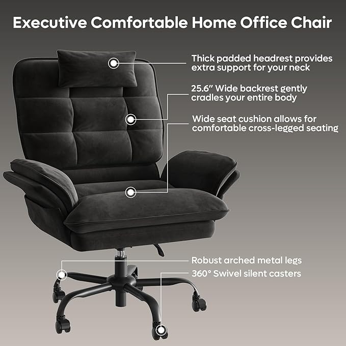 Bestier Criss Cross Chair with Flip-Up Armrests and Headrest, 135° Reclining Swivel Executive Chair with Side Pockets, Big and Tall Computer Desk Chair for Home Office Bedroom, Black Velvet