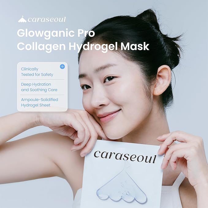 caraseoul Glowganic Pro Collagen Face Mask, Hydrogel Korean Face Mask with Niacinamide & Adenosin, Radiance Boost, Hydrating Overnight Sleep Mask, Vegan, Korean Skin Care [1.19oz (34g) x 16ea]