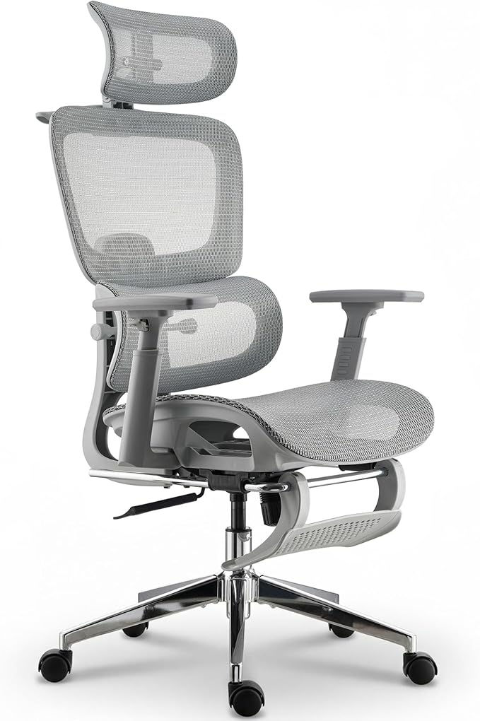 Ergonomic Mesh Office & Gaming Chair with Footrest, High Back Home Office Desk Chair, Comfortable Lumbar Support, 130° Tilt, Adjustable 3D Armrest & 2D Headrest (Grey)