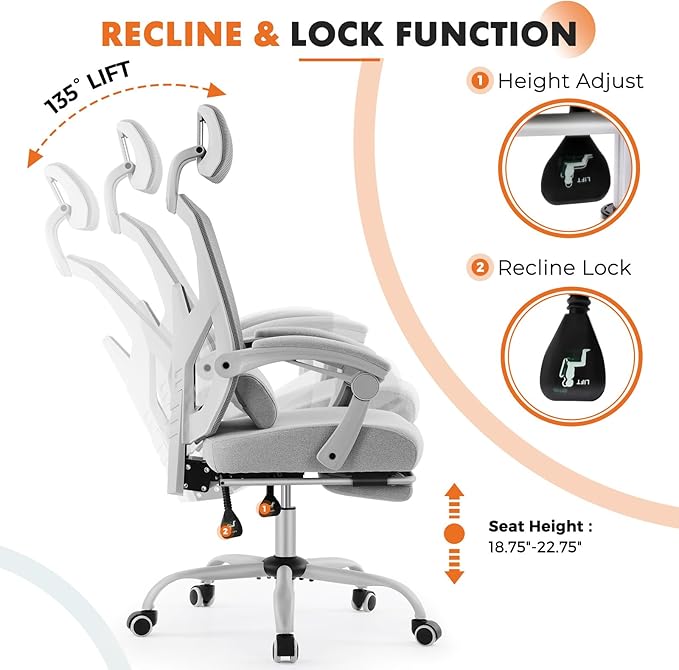 Sweetcrispy Office Computer Desk Chair with Footrest,Ergonomic High-Back Mesh Rolling Work Swivel Chairs with Wheels,Comfortable Lumbar Support,Comfy Arms for Home,Bedroom,Study,Student,Light Grey