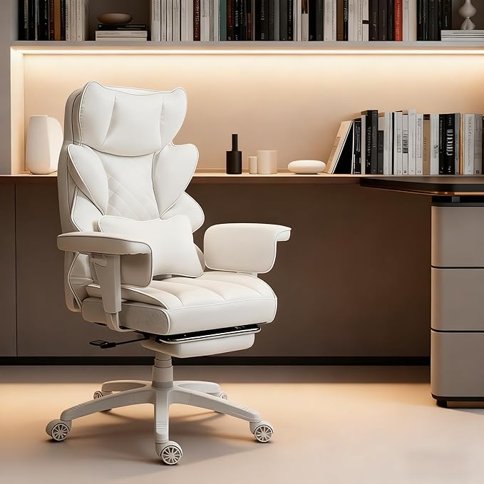 Dowinx Big and Tall Office Chair, High Back PU Leather Computer Gaming Chair with Pocket Spring Cushion, Adjustable Armrests, Lumbar Support, and Footrest –Light White