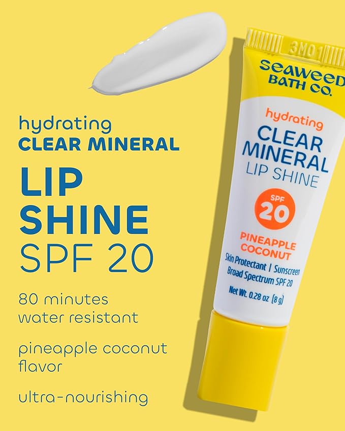 Seaweed Bath Co. Hydrating Clear Mineral Lip Shine - SPF 20 Sunscreen Zinc Oxide Lip Balm - Nourishing Care to Hydrate & Protect Dry, Chapped Lips - Natural Pineapple Coconut Flavor- 0.28 oz