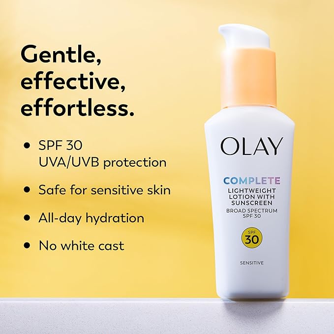 Olay Face Moisturizer, Complete with Sunscreen SPF 30, Fragrance-Free for Sensistive Skin, Broad Spectrum Sun Protection, Long-Lasting Hydration, Non-Comedogenic - Vitamin E & Aloe - 2.5 Oz - 4 Pack