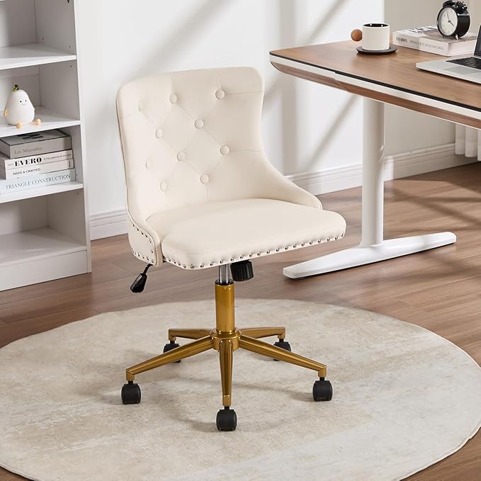 Velvet Armless Home Office Desk Chair, Swivel Height-Adjustable Small Cute Vanity Chair for Women/Girls, Comfy Makeup Chair with Rivet and Gold Base for Living Room, Bedroom(Beige)