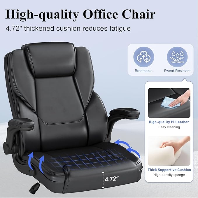 AnyGod Executive Office Chair, Comfy Ergonomic Computer Desk Chairs with Flip-up Armrests, Lumbar Support, High Back, 360° Swivel and Rocking Function for Home Office,PU Black