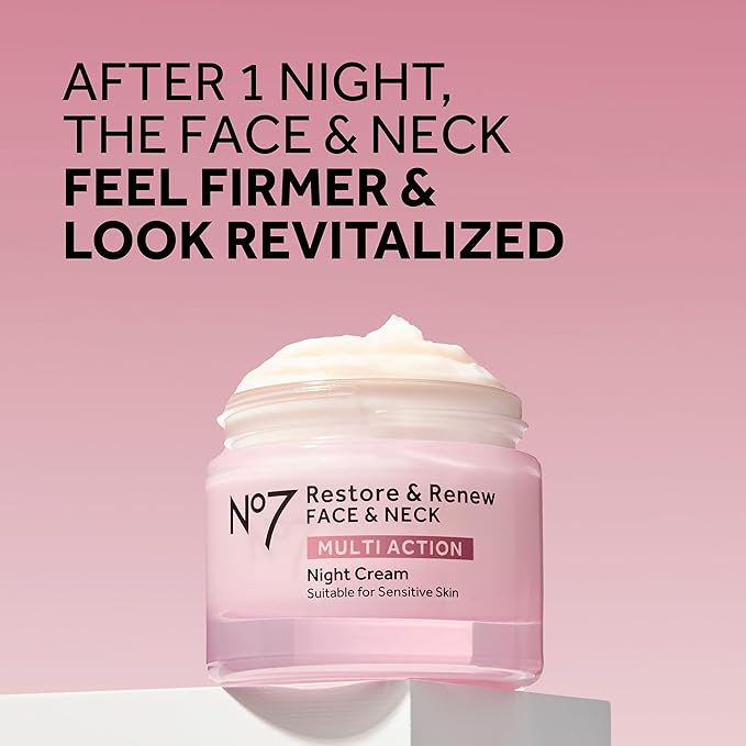 No7 Restore & Renew Multi Action Face & Neck Night Cream - Collagen Peptide Anti Aging Face Cream - Hydrating Hyaluronic Acid + Skin Firming Fragrance Free (50ml)