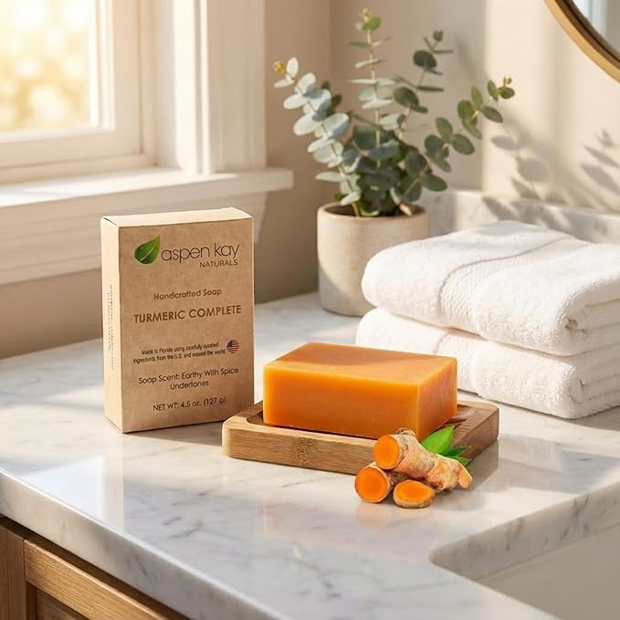 Aspen Kay Naturals Turmeric Soap for Face & Body - With Organic Shea Butter, Chamomile & Calendula - Gentle Turmeric Face Wash, All Skin Types, Made in USA 4.5 oz Bar
