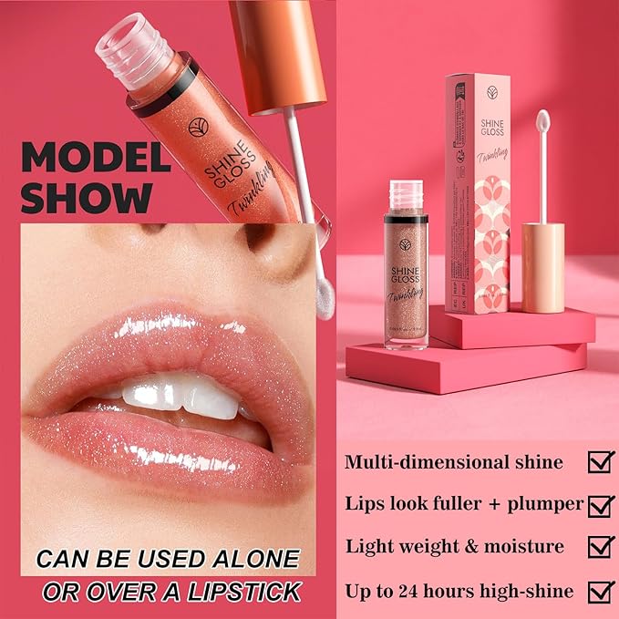 Lipgloss Lip Plumper Gloss Shimmer High Shine Lip Gloss Moisturizing Tinted Lip Gloss Long Lasting Waterproof Lip Oil (03# Watermelon Red Shimmer)