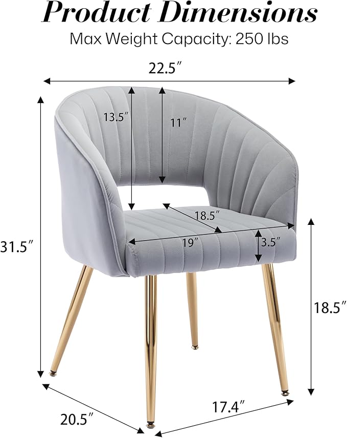 Modern Velvet Vanity Chair, Home Office Desk Chair with Hollow Back, Upholstered Dining Chair with Gold Metal Legs, Comfy Accent Armchair for Living Room Bedroom, Gray