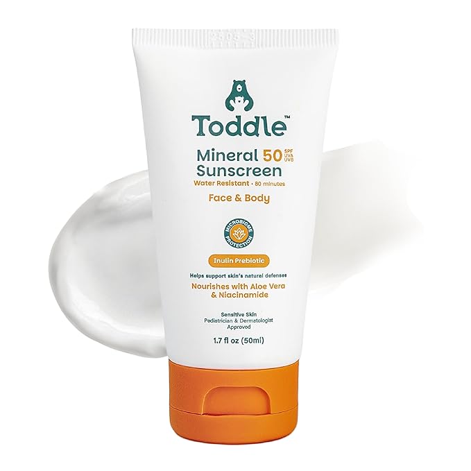 Prebiotic Mineral Sunscreen SPF 50 for Kids & Baby, Face & Body Sun Protection, Reef Safe, Non-Toxic Zinc Oxide Broad Spectrum, Water-Resistant, No White Cast, Travel Size 1.7oz