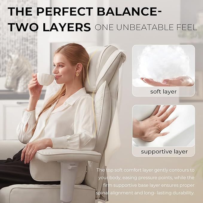 Dowinx Big and Tall Office Chair with Massage Lumbar Support,Executive Office Chair with Wide Thick Seat Cushion and Adjustable Armrest,Computer Gaming Chairs with Footrest (White,PU Leather)