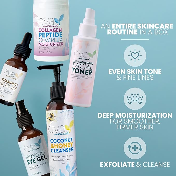 Eva Naturals Rejuvenating Skincare Set – 5-in-1 Routine with Cleanser, Toner, Vitamin C Plus Serum, Eye Gel and Collagen Peptide Moisturizer for Face, Anti-Wrinkle, Dark Spots, Acne and Skin Replenish