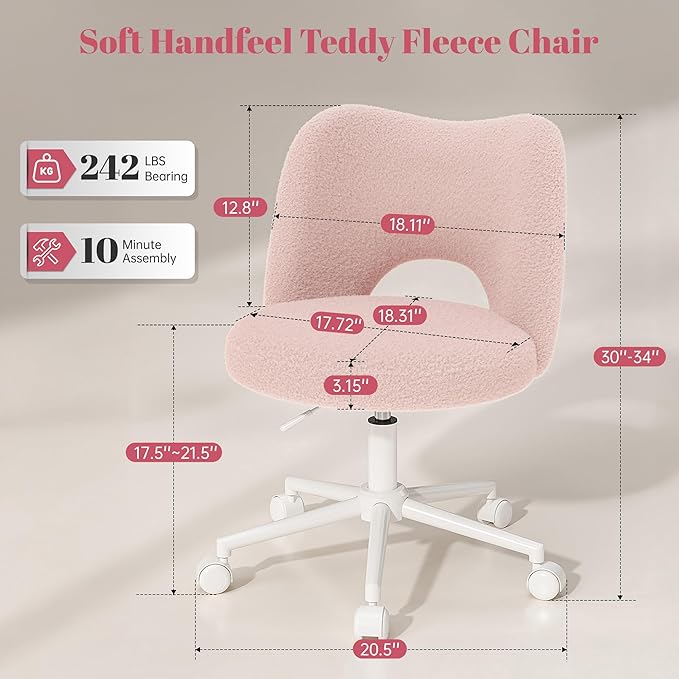 Vanity Chair with Wheels Pink,Cute Vanity Chair with Back,Ultra-Plush Fleece Cute Desk Chair, Small Office Chair Height Adjustable,for Make-up Room,Bedroom