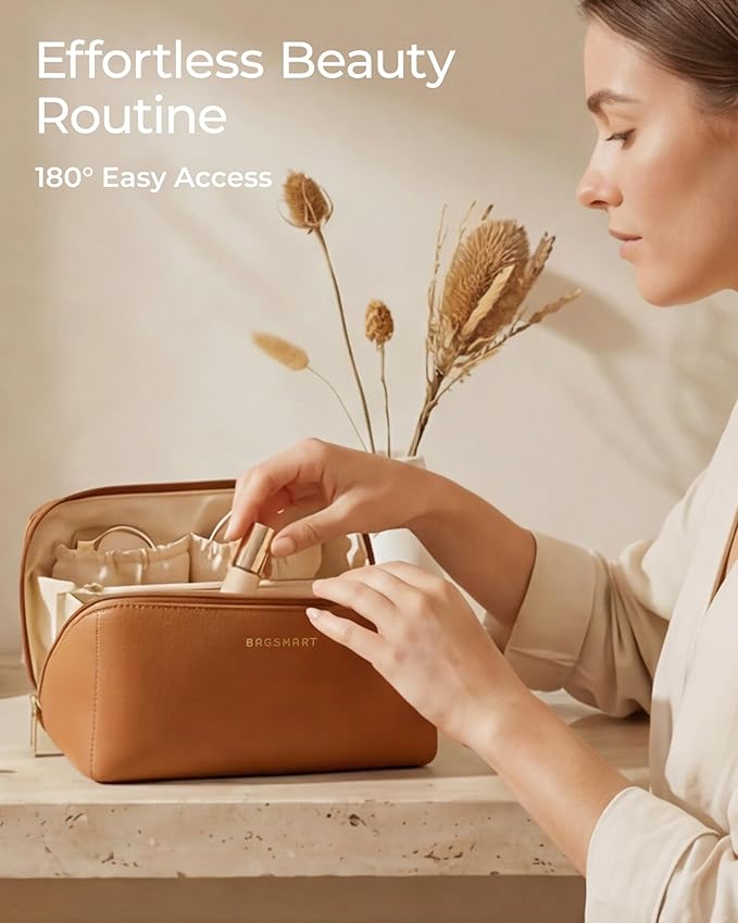 BAGSMART Makeup Bag Travel Cosmetic Bag, Large Make Up Bag Flat Open Toiletry Bag for Women, Waterproof PU Leather Travel Essentials Organizer Case, Wide-open Pouch Purse for Skincare, Brushes, Camel