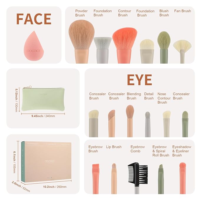 Docolor Makeup Brushes 17+2 Pcs with Makeup Bag and Makeup Sponge and Brush Protector Morandi Makeup Brush Set Premium Synthetic hair makeup brush Wooden handle Gift Box