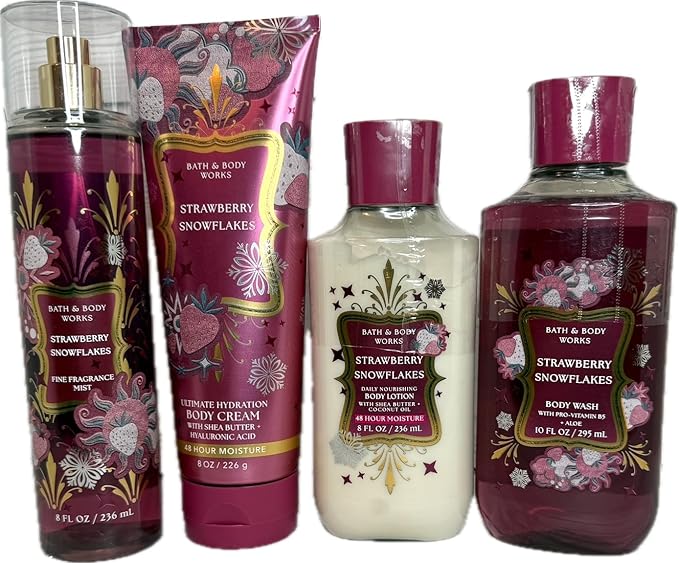 Bath & Body Works Strawberry Snowflakes Gel Wash, Lotion, Ultimate Hydration Cream, and Mist 4 Piece Set