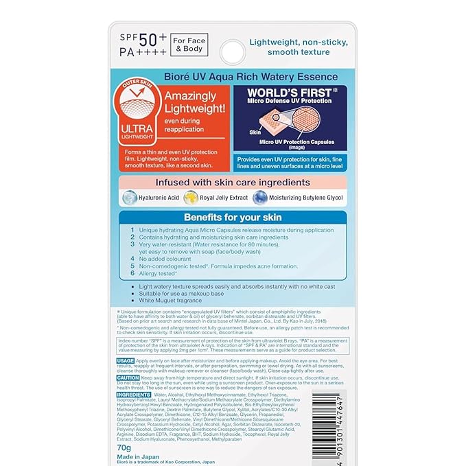 Japanese Sunscreen UV Aqua Rich Watery Essence SPF 50+ PA++++ – Lightweight Water-resistant Based UV Protection Essence for Face & Body,Oil-Free, Non-Greasy,Sensitive Skin Safe, Fragrance-Free (3)