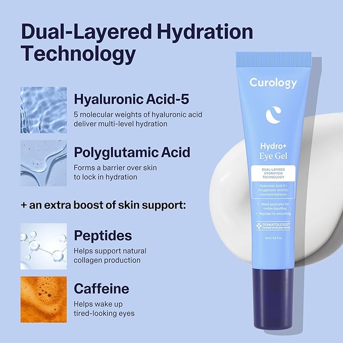 Curology Hydro+ Essentials Bundle, Foaming Gel Cleanser, Cream Moisturizer, and Cooling Caffeinated Eye Gel with Hyaluronic Acid, Peptides, and Niacinamide