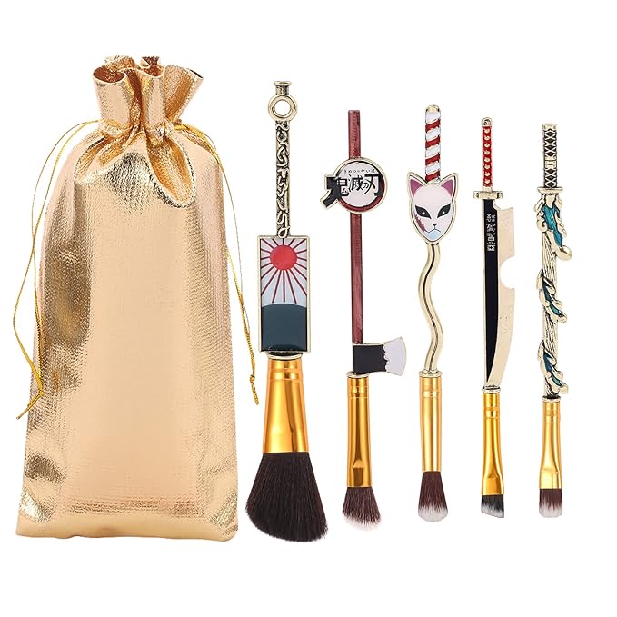 Anime Peripheral Demon Makeup Brushes - 5pcs Kimetsu Noyaiba Make Up Brushes Nezuko Tanjirou Metal Handle Makeup Tools Gift for Fans (Gold)