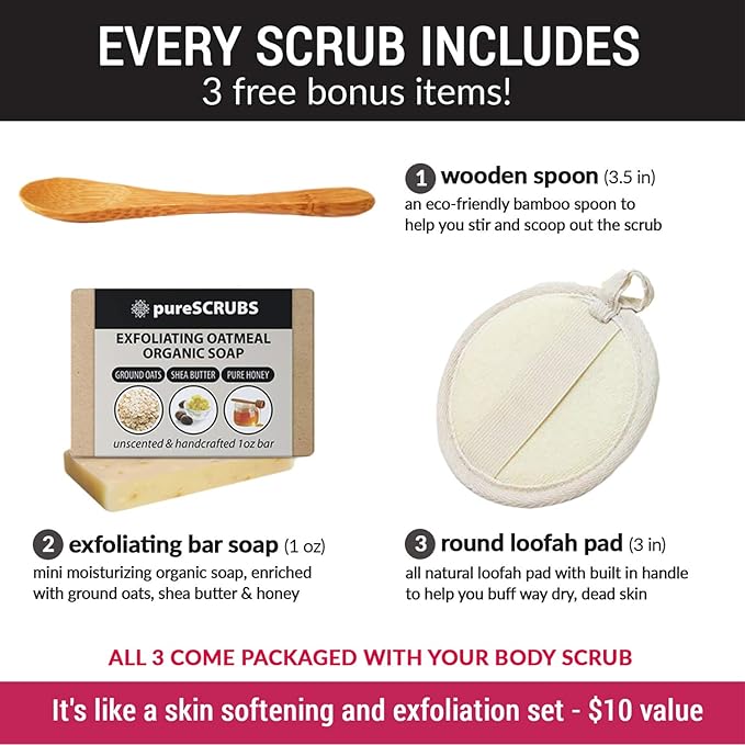 pureSCRUBS Premium Unscented Body Scrub Set - Large 16oz Dead Sea Salt Scrub, Sensitive Dry Skin Formula Includes Wooden Spoon, Loofah & Oatmeal Exfoliating Bar Soap - Spa Gift For Women