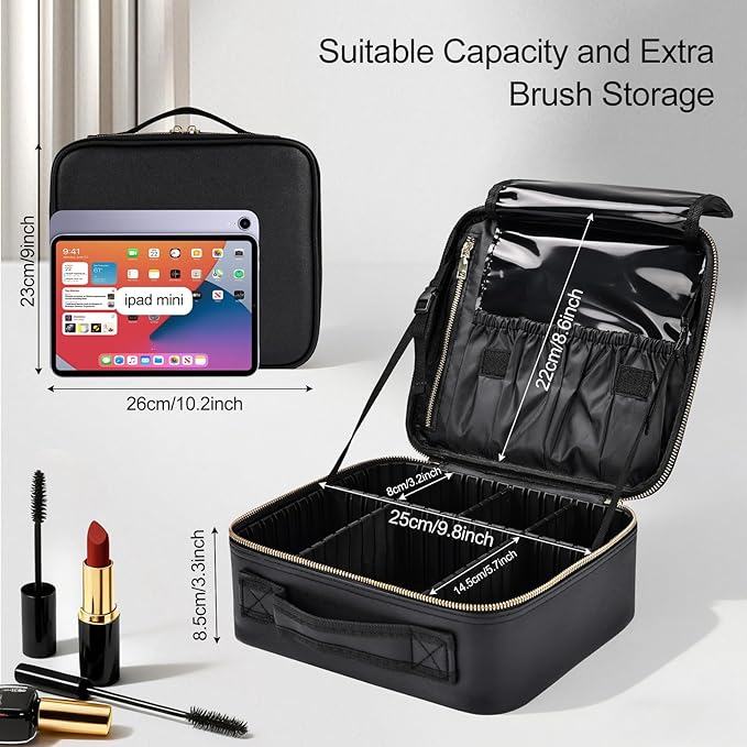 Travel Makeup Bag with Brush Holder, Professional Cosmetic Train Case Organizer for Women, Portable Travel Makeup Brush Carry Case Cosmetic Artist Storage Box with Adjustable Dividers, Leather Black
