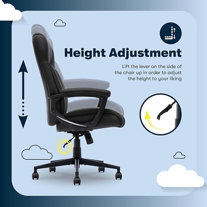 Serta Comfort Eco Office Chair, Ergonomic Mid-Back with Lumbar Support, Semi-Plush Seat Cushion and Layered Body Pillows, Padded Armrests, Metal Swivel Base, Soft Velvet Fabric, Black