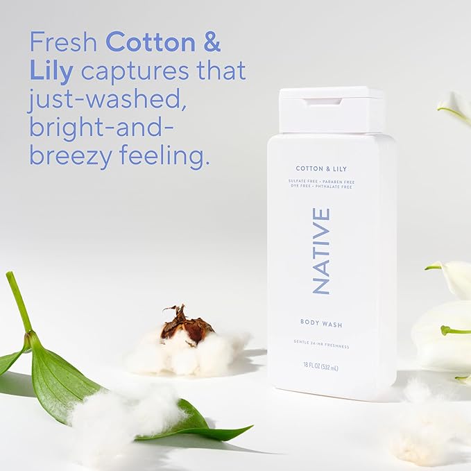 Native Body Wash Contains Naturally Derived Ingredients | For Women & Men, Sulfate, Paraben, & Dye Free Leaving Skin Soft and Hydrated | Cotton & Lily 18 oz