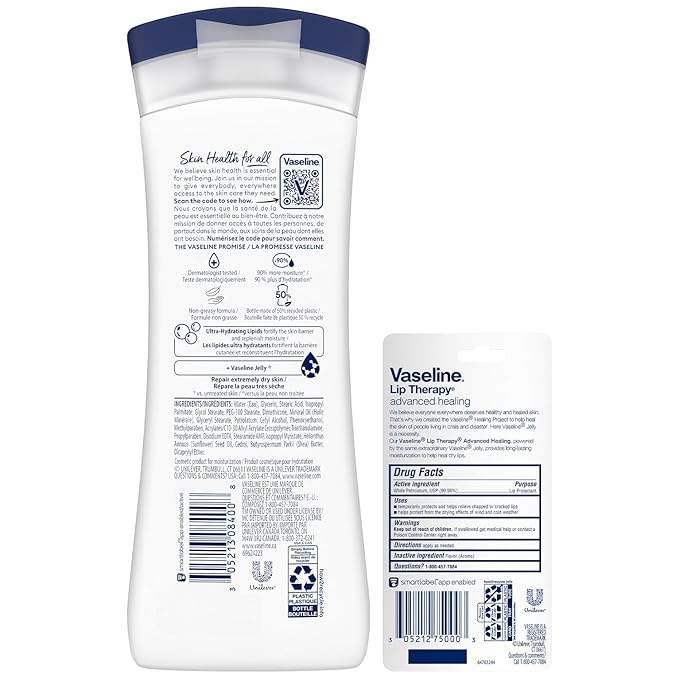 Vaseline Intensive Care Lotion, Unscented, Advanced Repair – Non-Greasy Moisturizer for Extremely Dry Skin + Professional Lip Therapy Tube